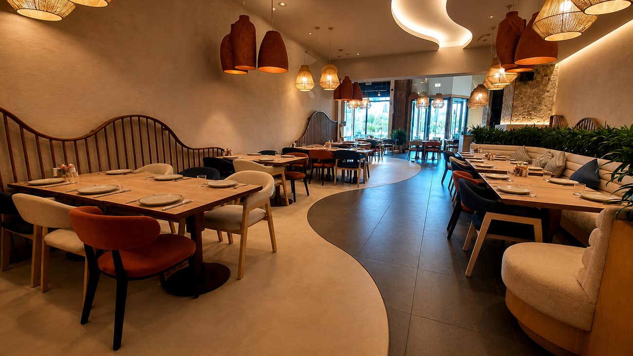 Dining Room & Wavy Bench Seating, Awani, Dubai Hills Mall