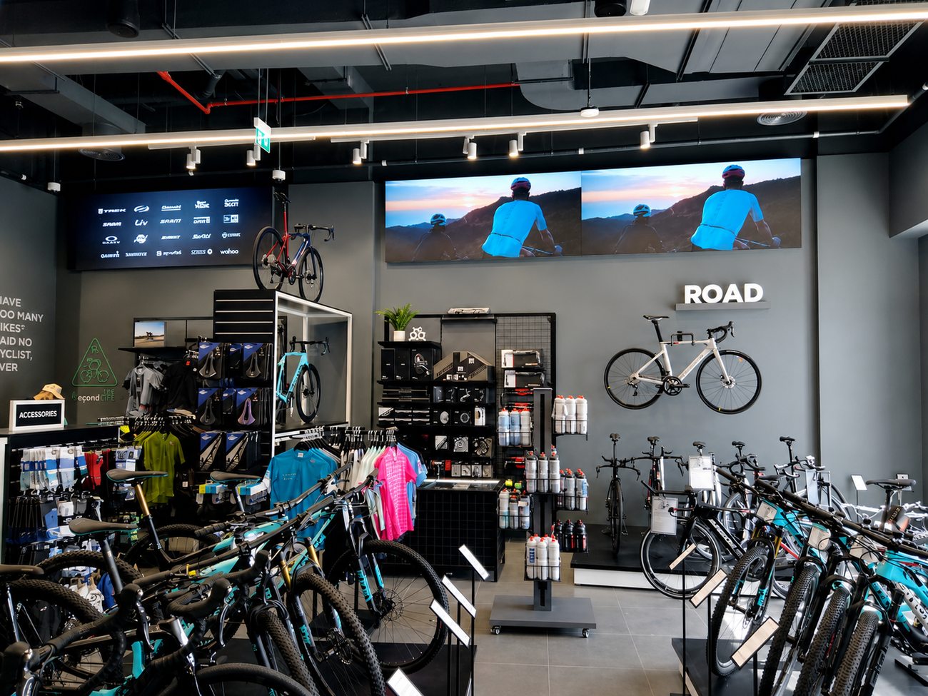 Beyond The Bike road bikes section with video wall, Al Zeina, Abu Dhabi