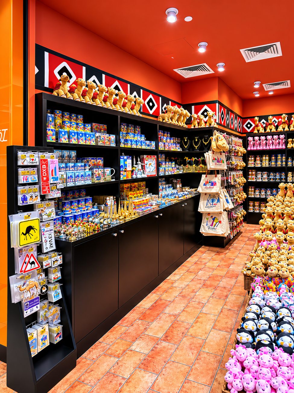 Camel Company gift aisle with postcards, keychains and plush toys, The Dubai Mall