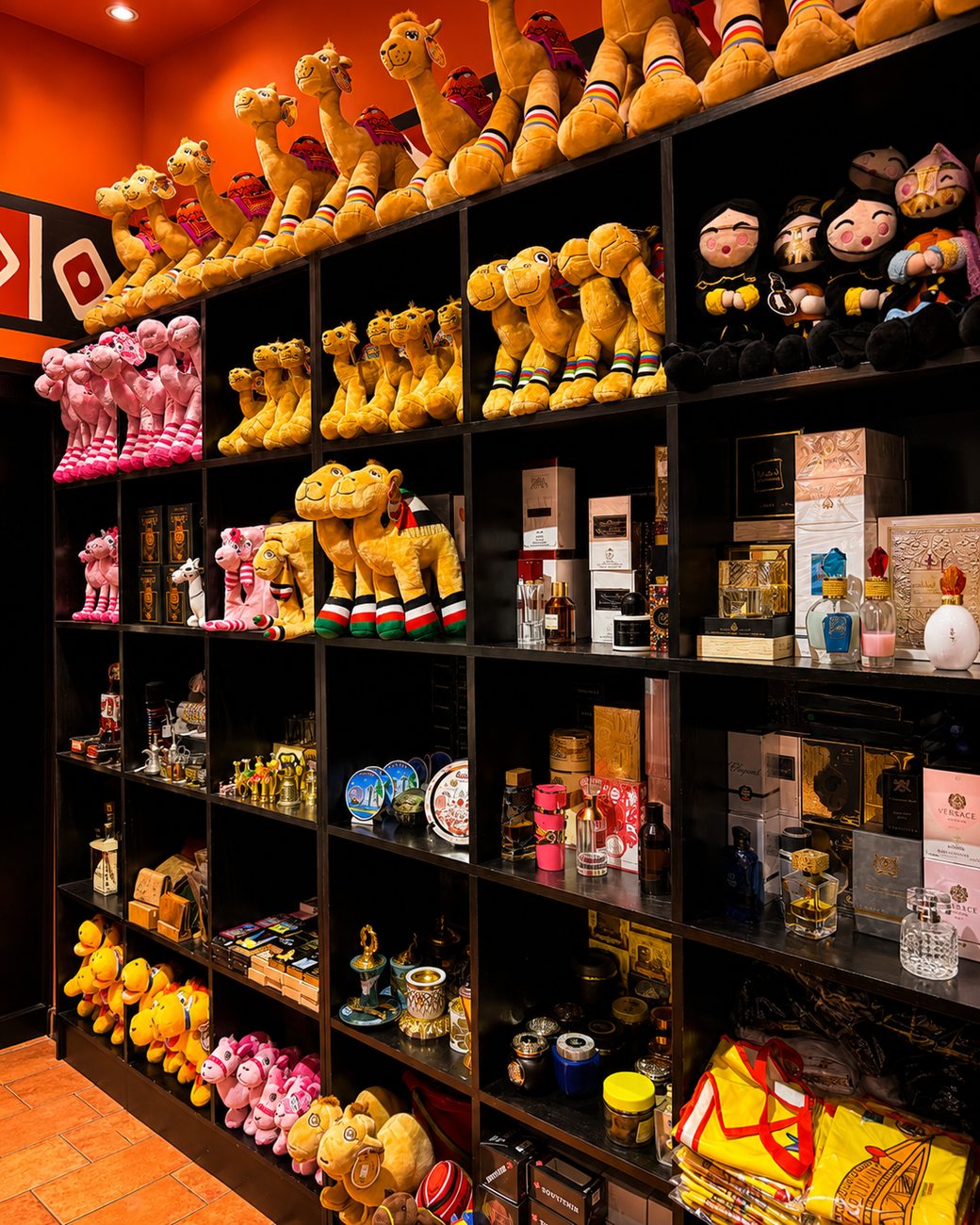 Camel Company shelving with plush camels and perfumes, The Dubai Mall