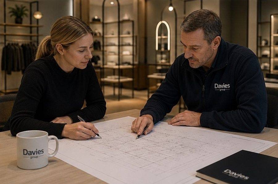 Davies Group design team reviewing floor plans together with client