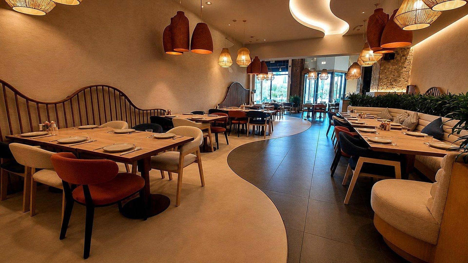 Awani dining room, wavy bench seating, Dubai Hills Mall by Davies Group UAE