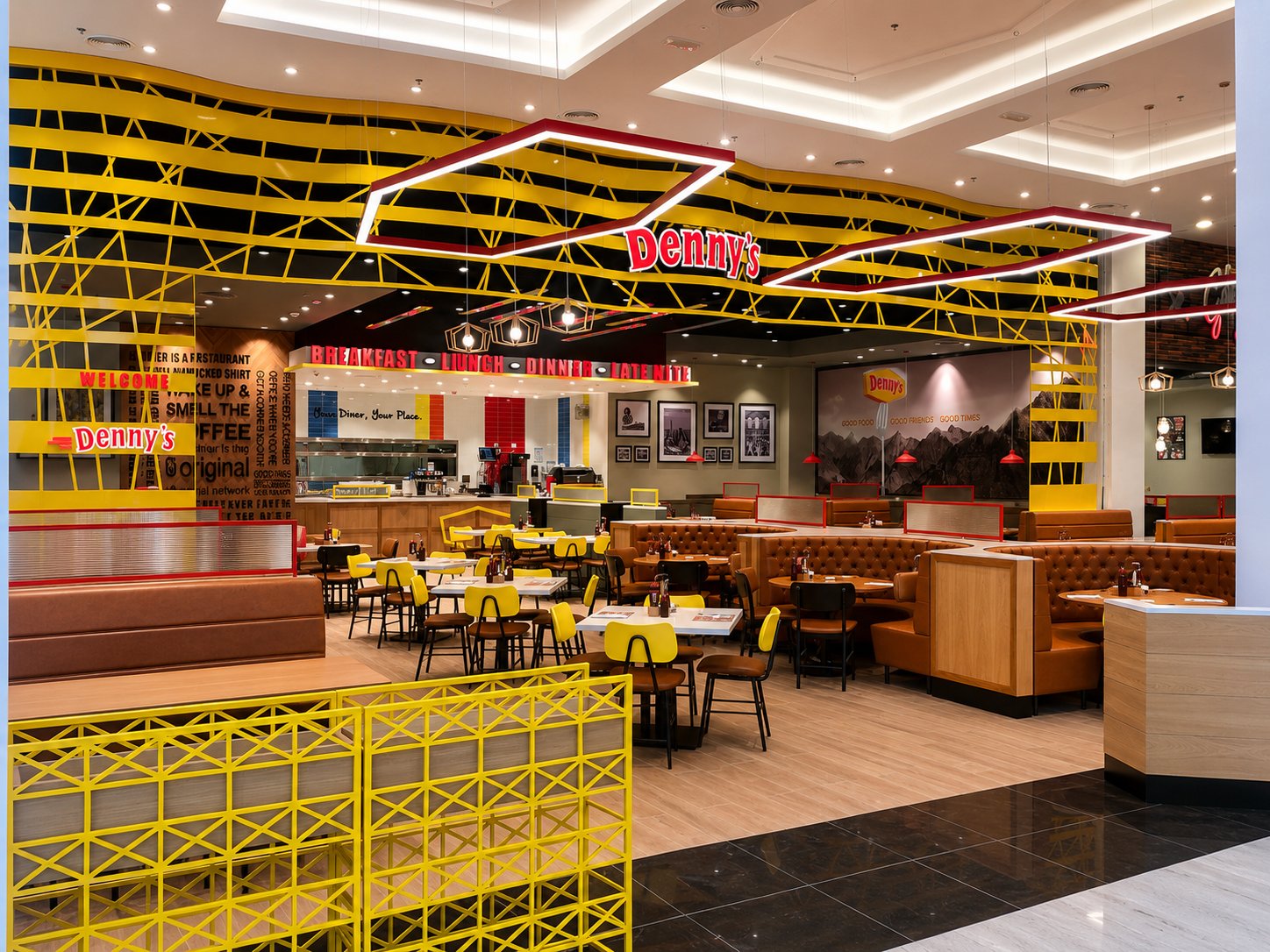 Denny's Storefront Entrance, Yellow Lattice Panels, Festival Plaza, Dubai