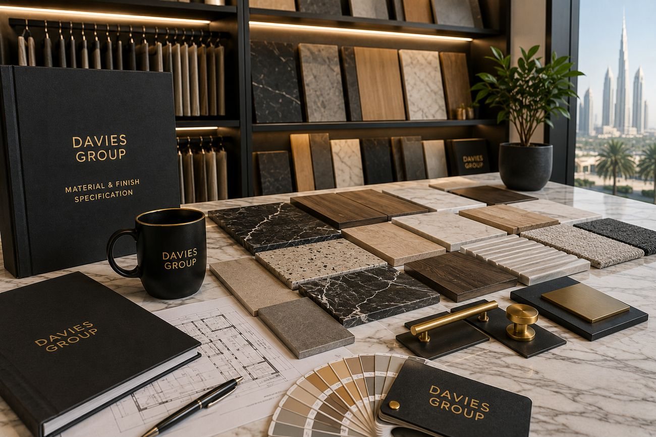 Davies Group material and finish samples laid out on a table with the Dubai skyline in view