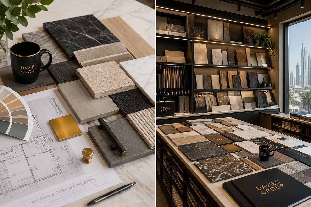 Davies Group materials library and sample table used for finish specification