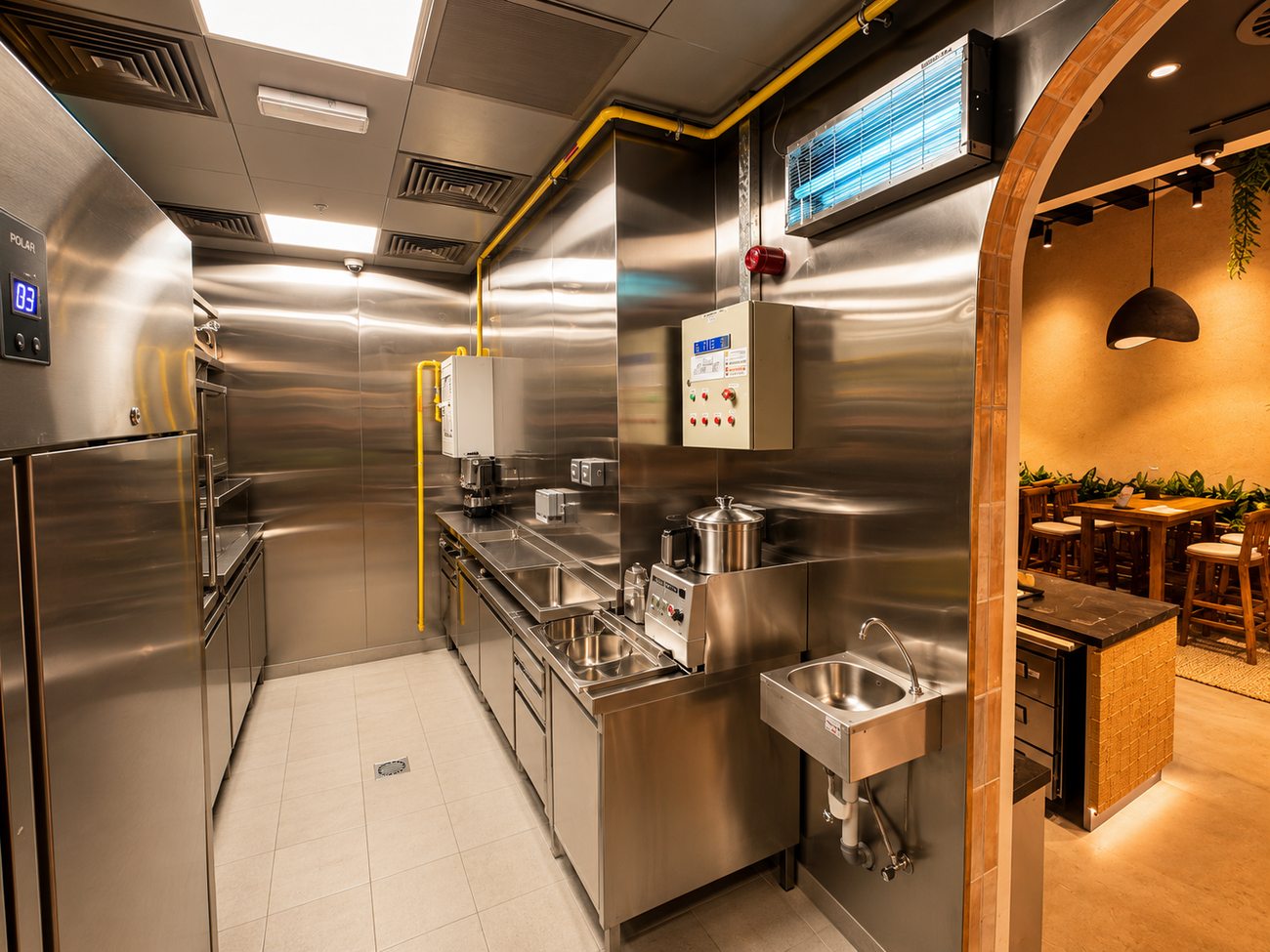 Flavour Fields back-of-house kitchen corridor leading through to the dining floor, Dubai Galleria Mall