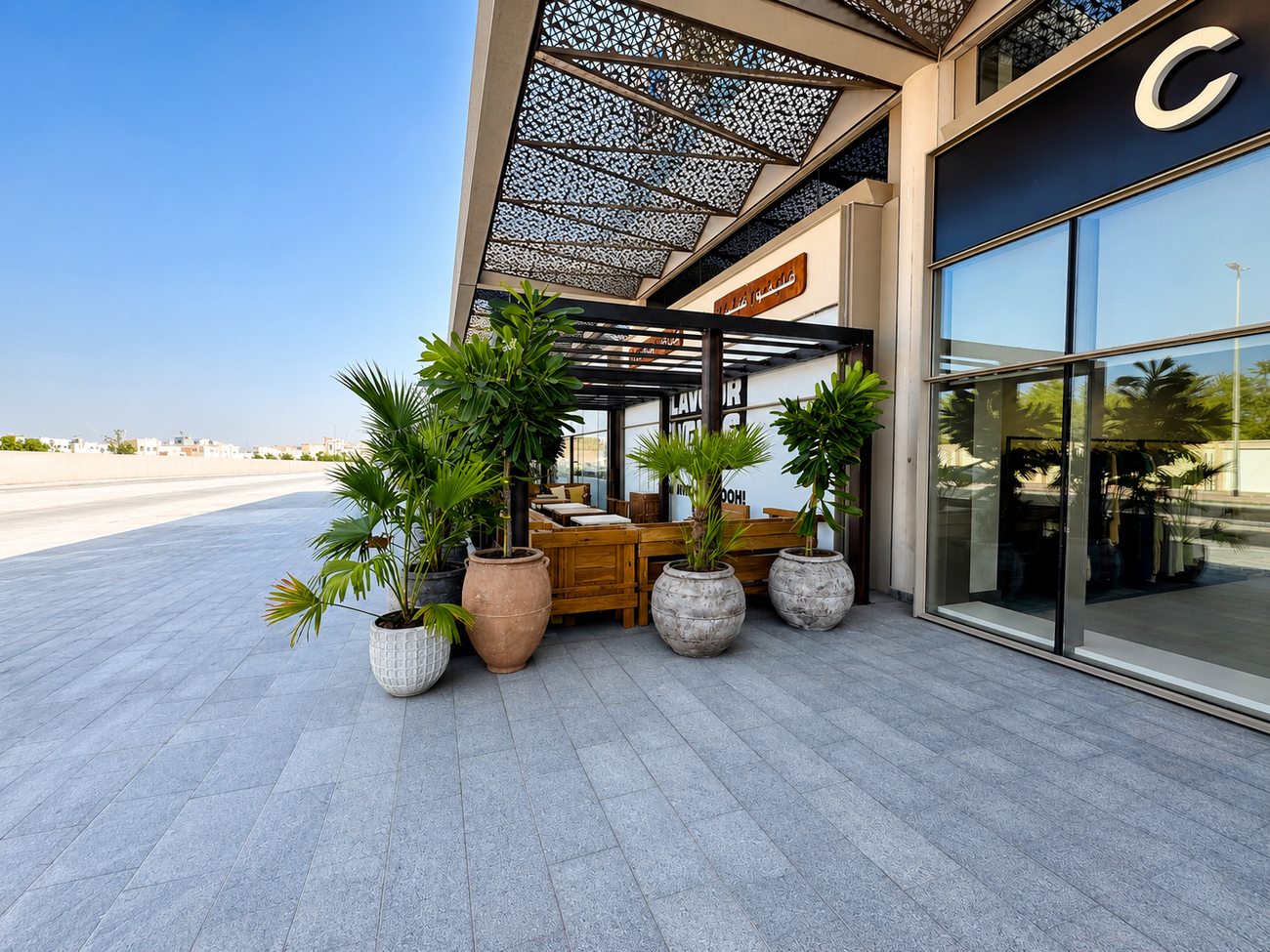 Flavour Fields exterior daytime view alongside neighbouring storefronts, Dubai Galleria Mall, Jumeirah