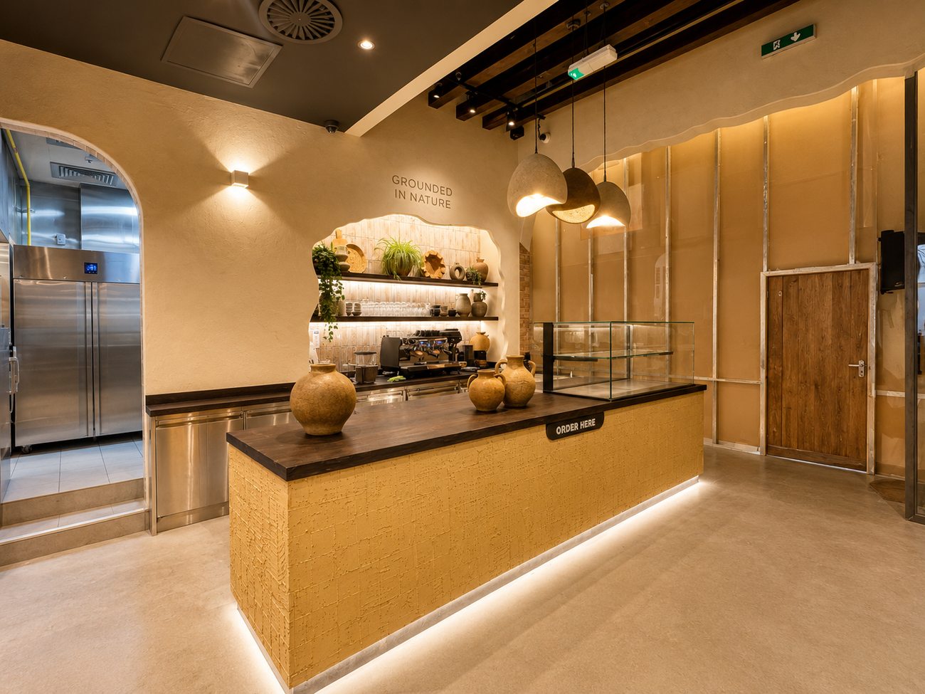 Flavour Fields order counter beneath the Grounded In Nature feature wall, Dubai Galleria Mall