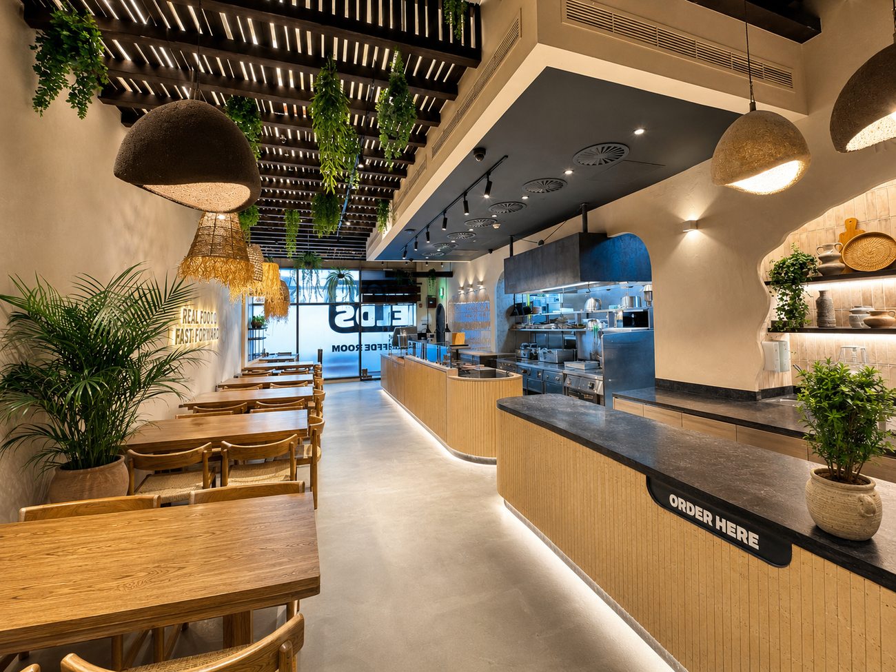 Flavour Fields order counter with open kitchen view, Dubai Galleria Mall