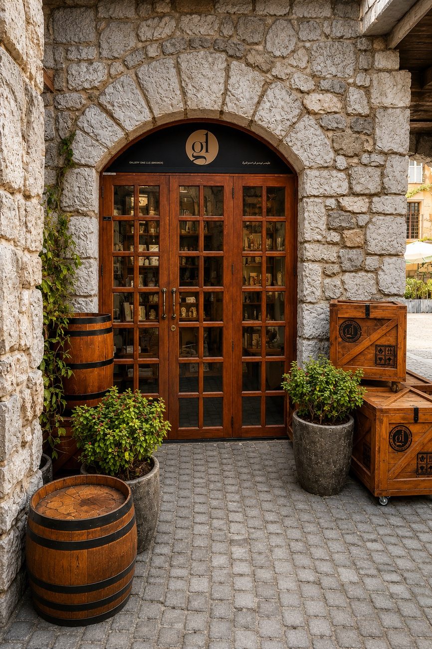 Gallery One arched entrance door, Riverland Dubai