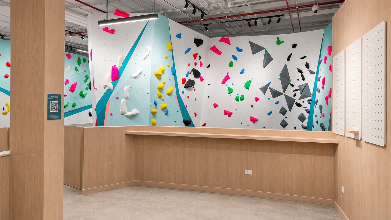Go Climb Sports Teal & White Bouldering Wall, Entrance View, Junction Mall