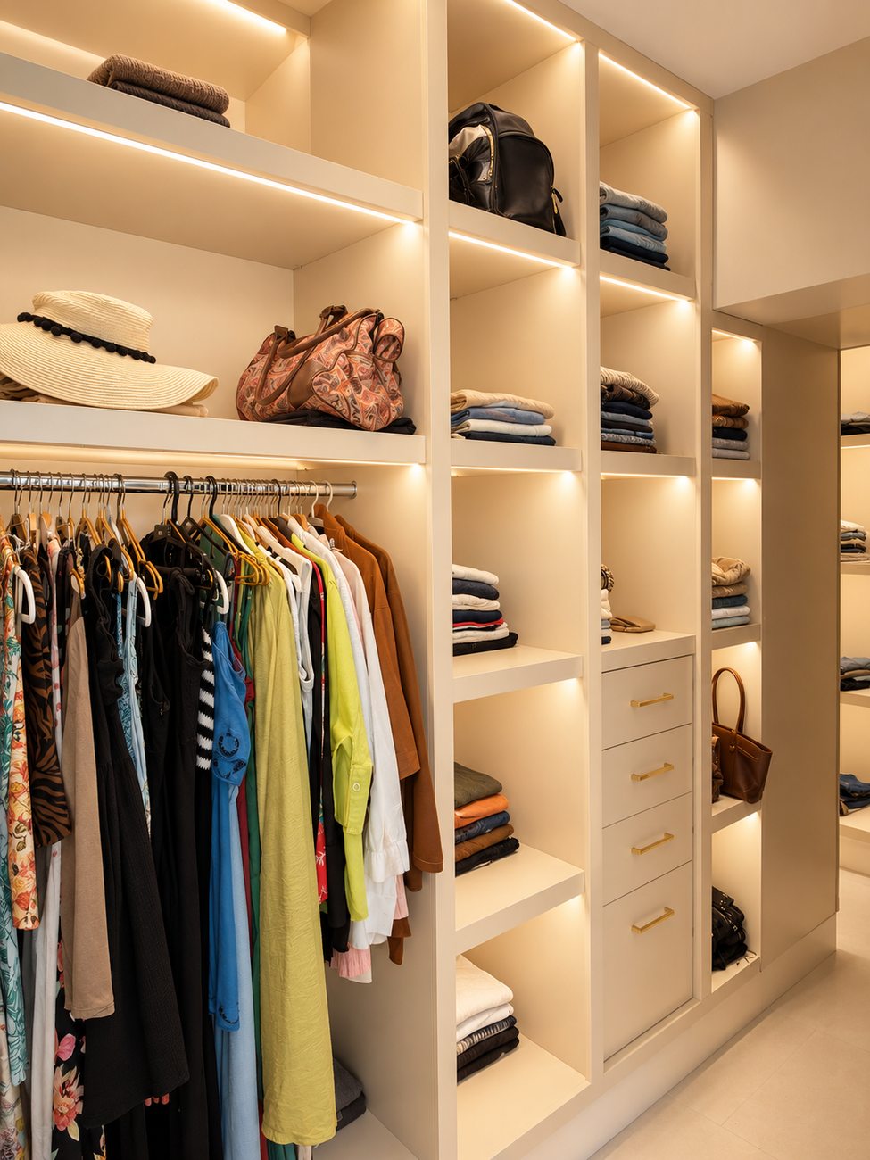 Bespoke walk-in wardrobe joinery with hanging rails and shelving by Davies Group UAE
