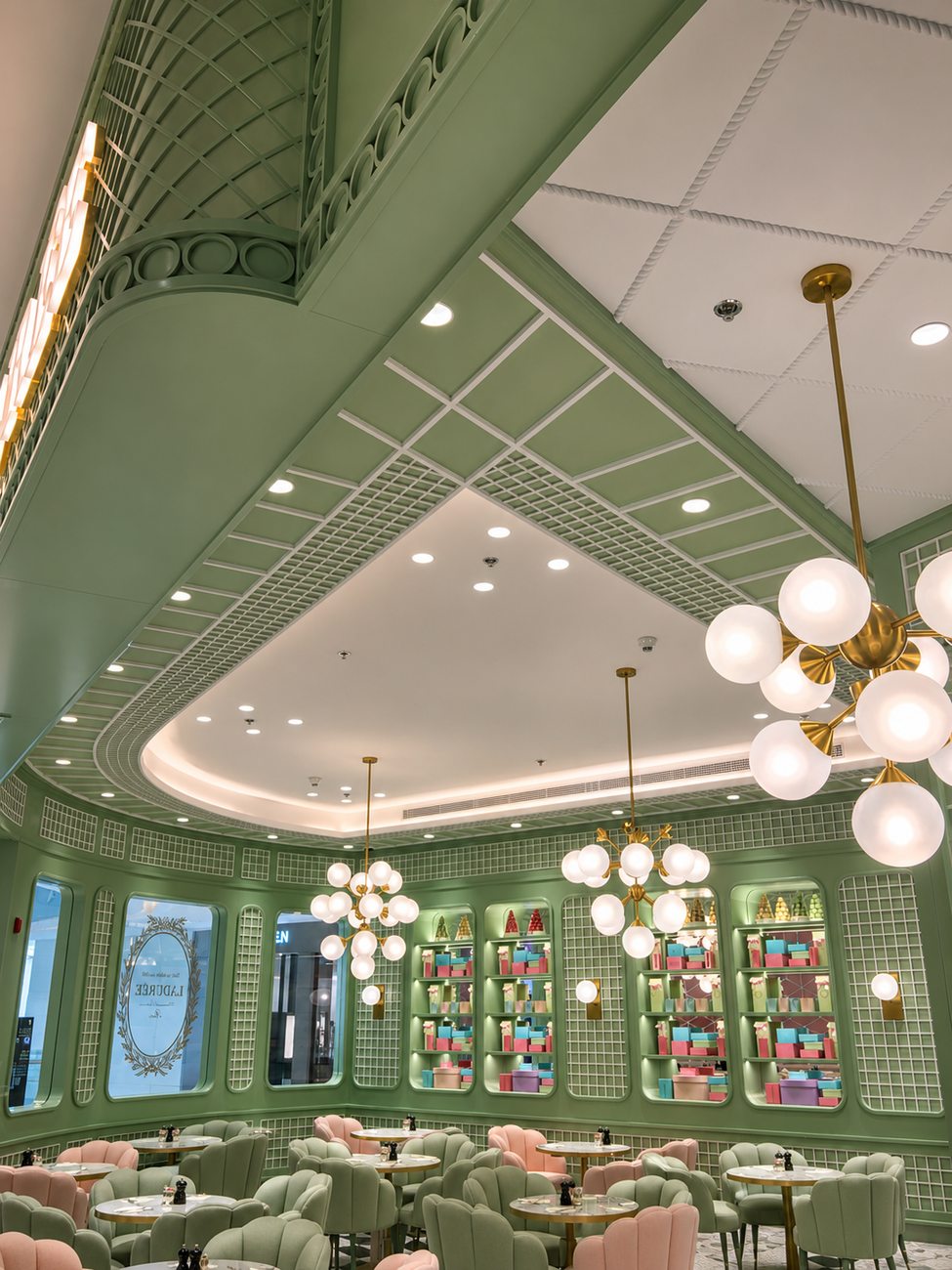 Laduree ceiling detail, portrait view, with chandelier, The Dubai Mall