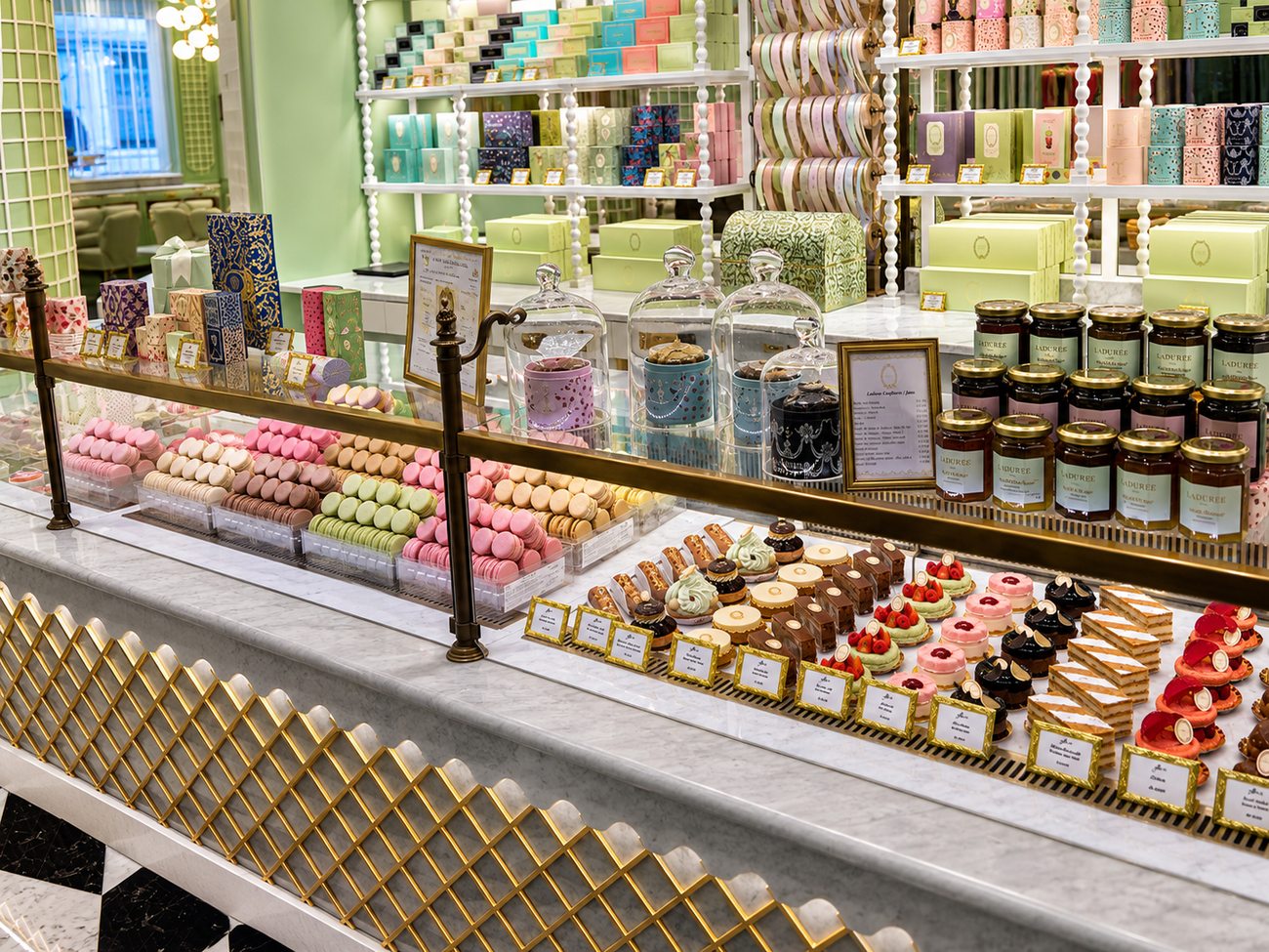 Laduree counter display detail with preserves and pastries, The Dubai Mall