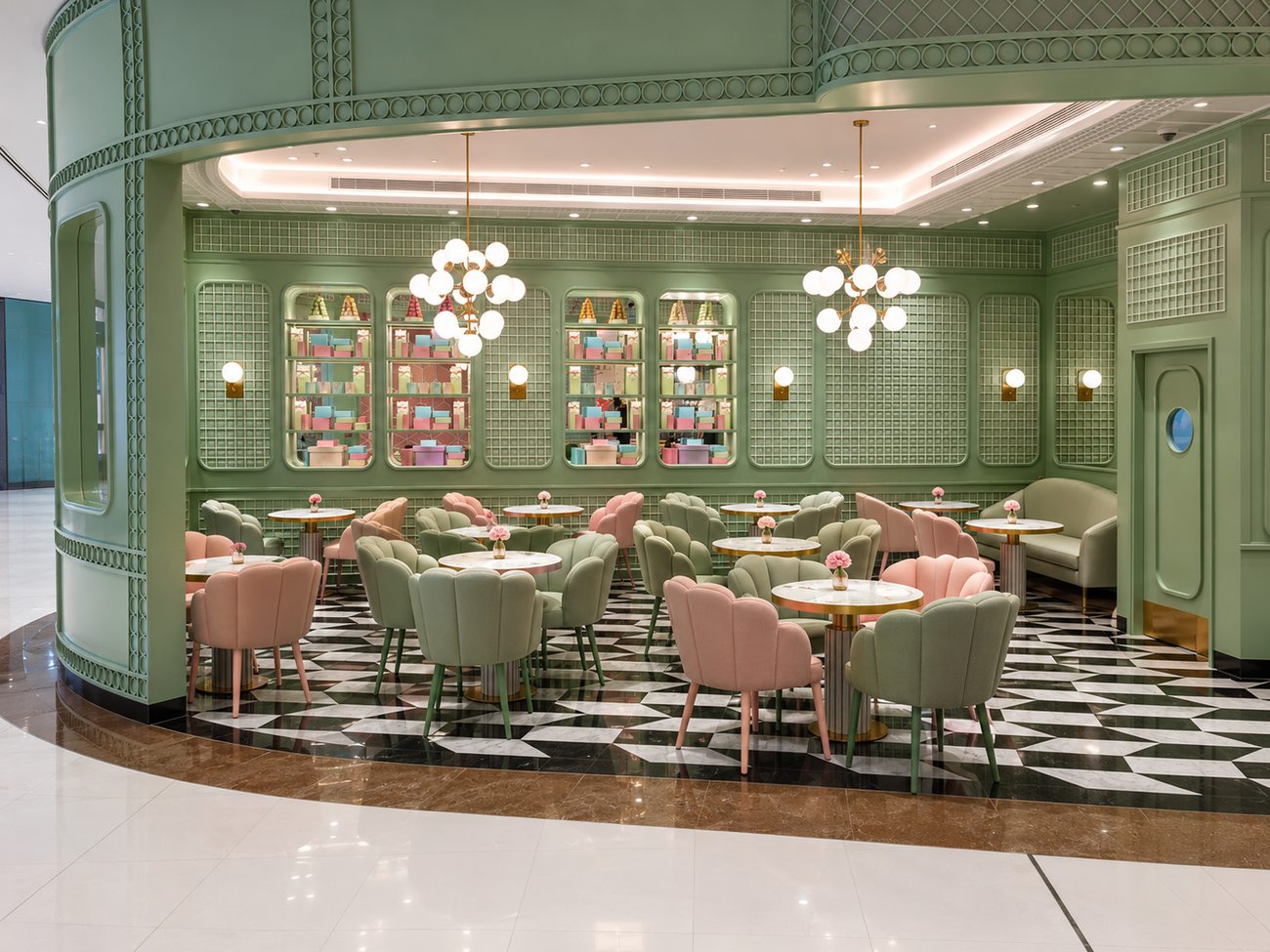 Laduree dining area, second angle, with marble tables, The Dubai Mall