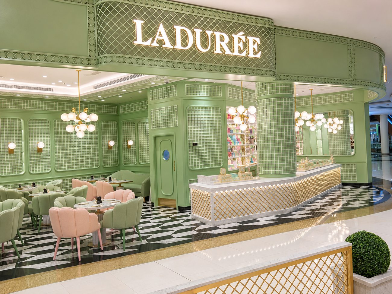 Laduree interior cafe seating with scalloped chairs, The Dubai Mall