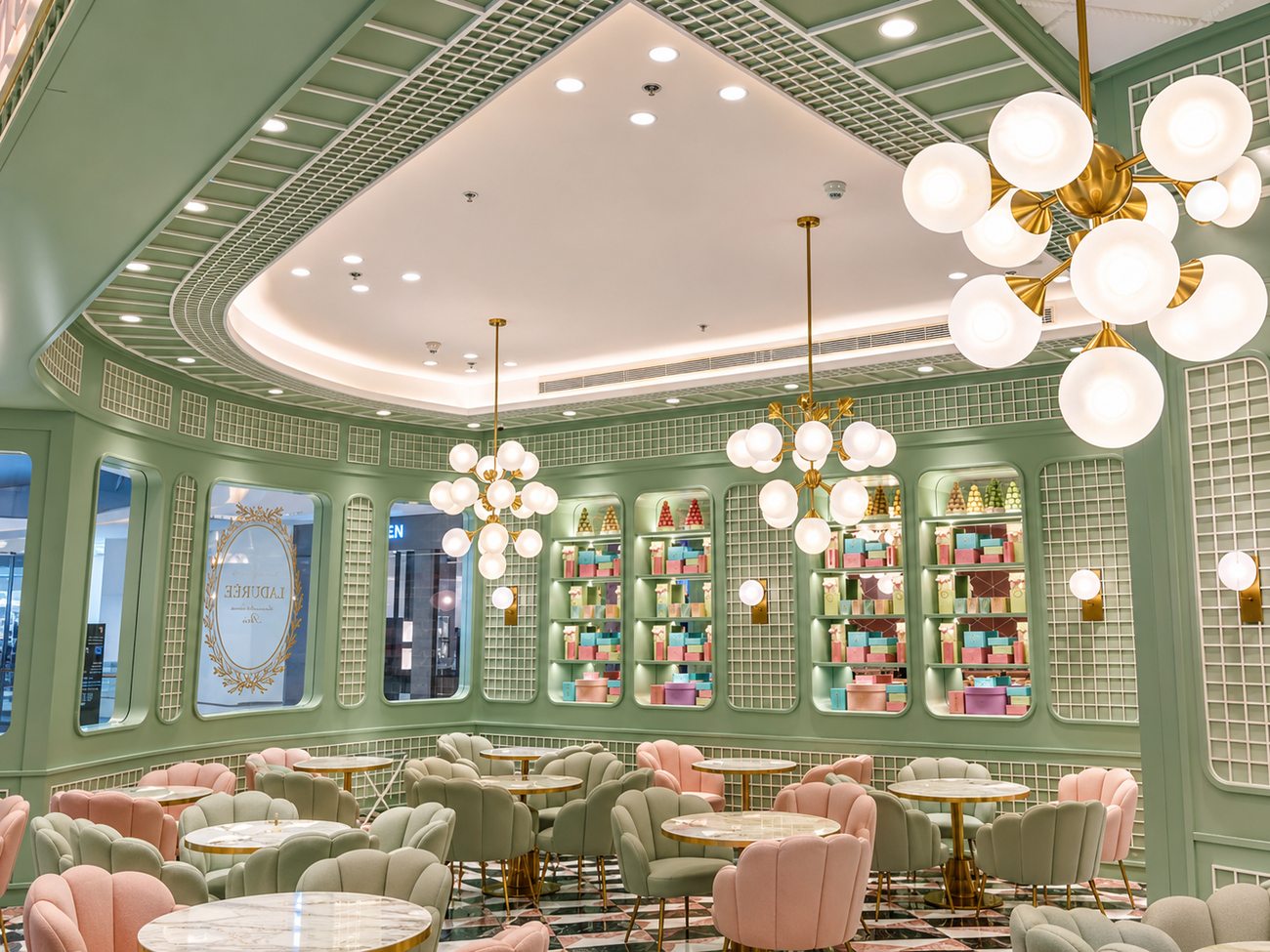 Laduree interior ceiling detail with gifting shelves, The Dubai Mall