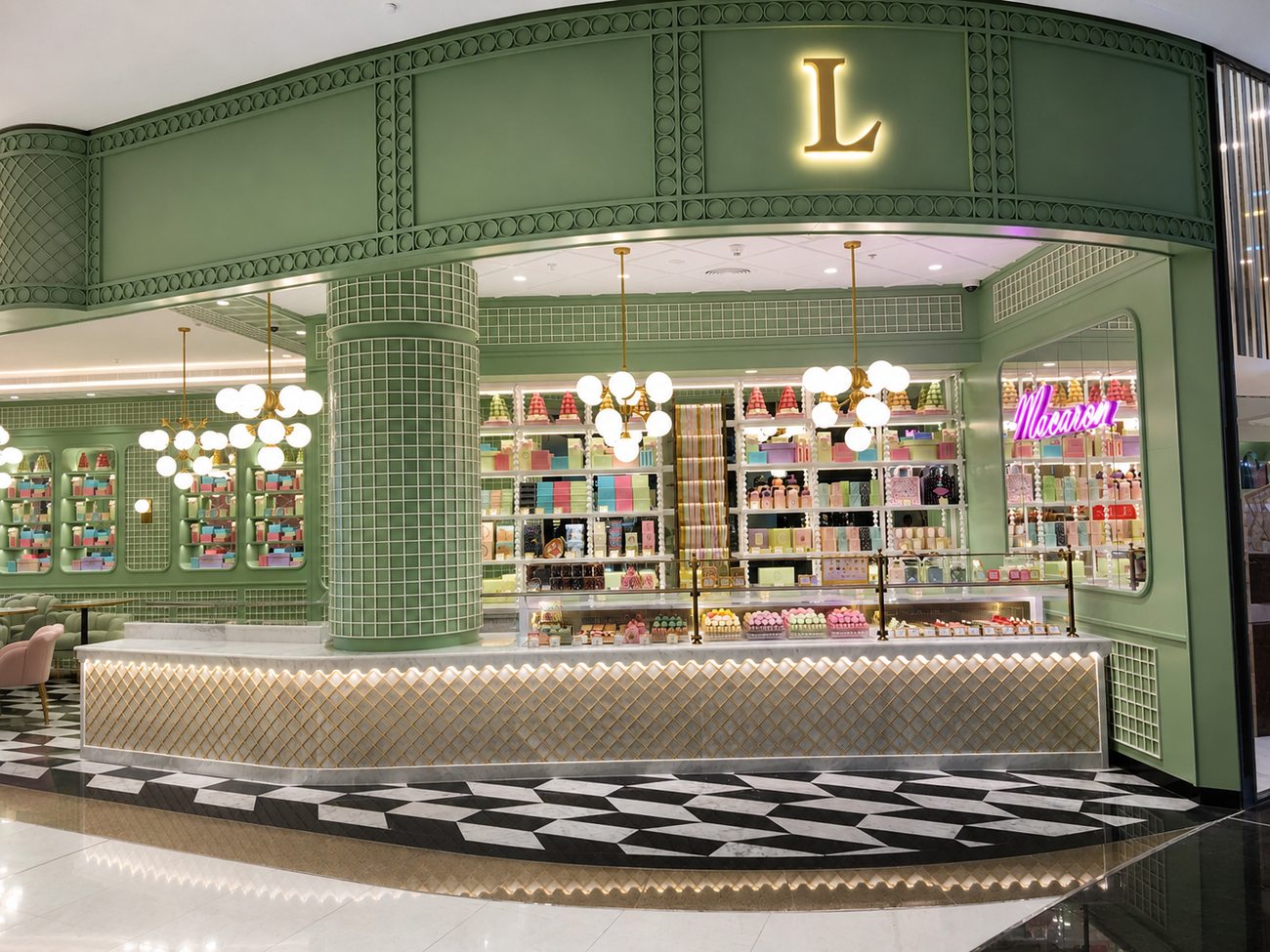 Laduree storefront entrance with L monogram signage, The Dubai Mall