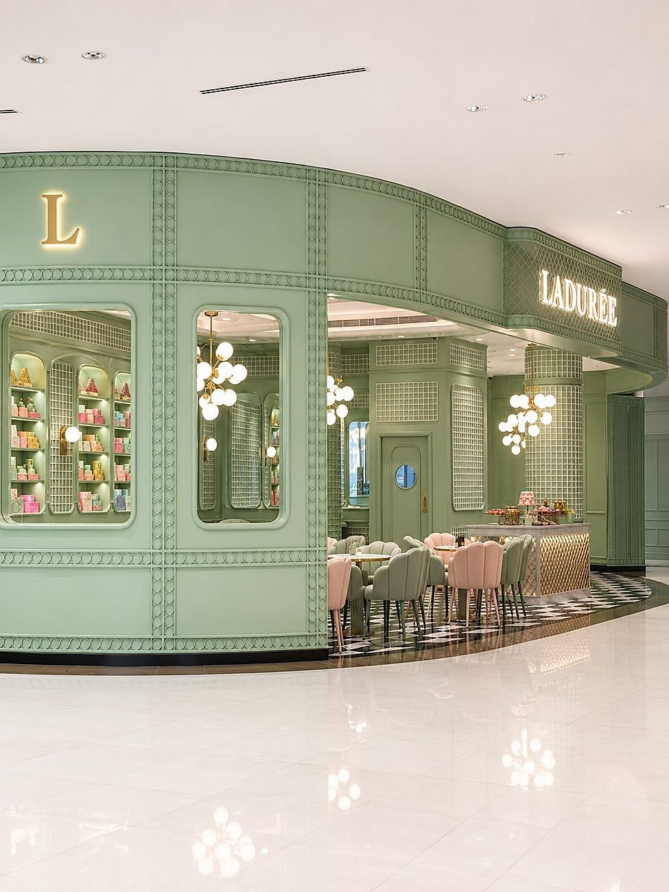 Laduree storefront exterior curved facade, The Dubai Mall