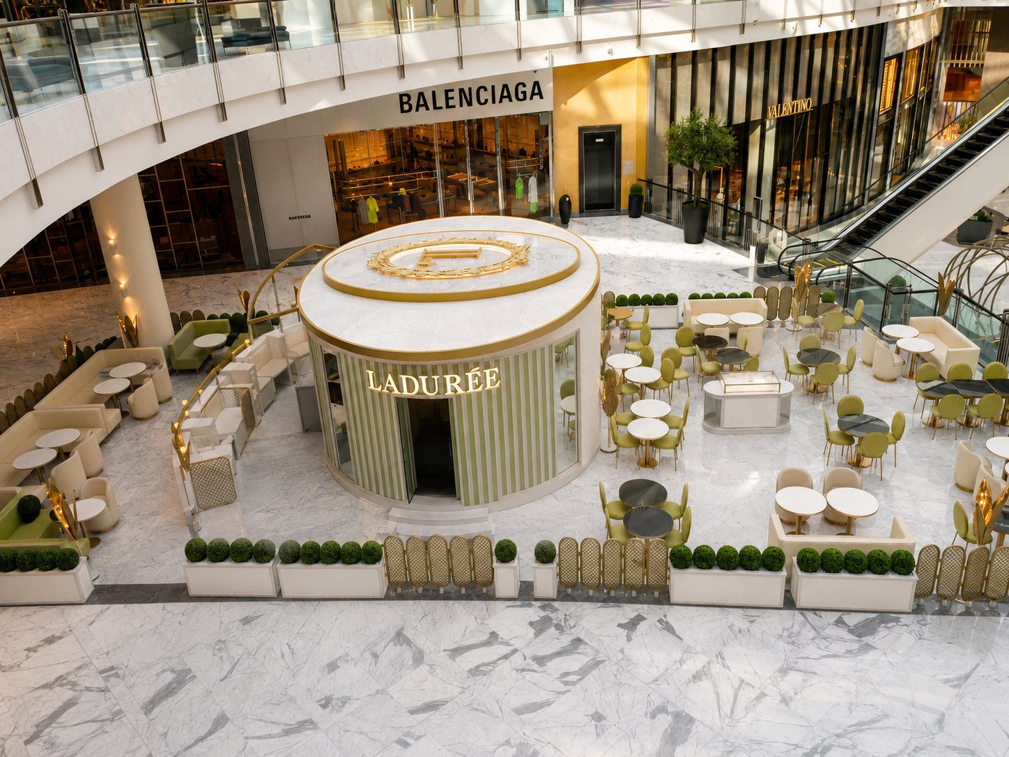 Ladurée aerial kiosk signage lit, Fashion Avenue by Davies Group UAE