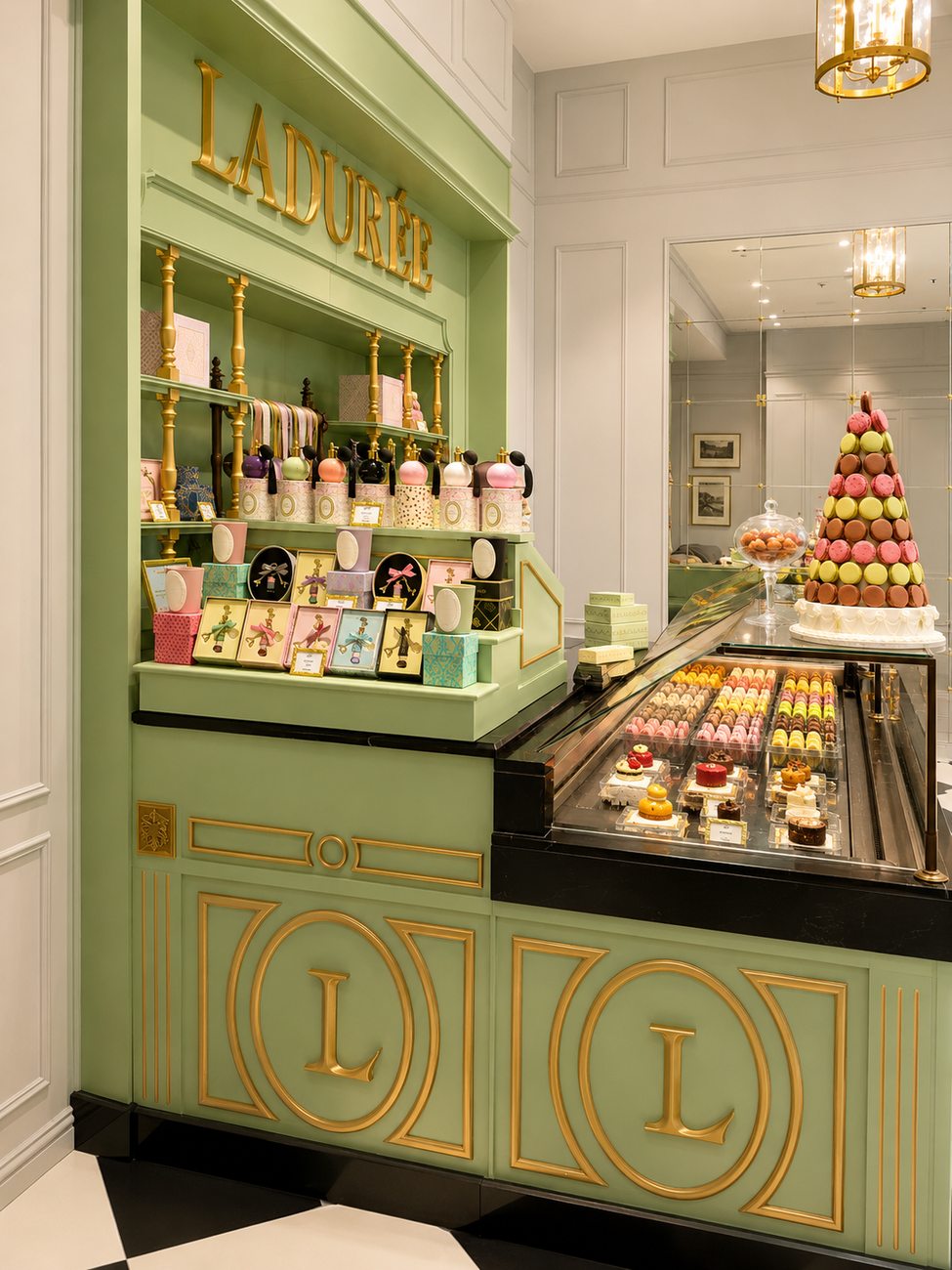 Laduree counter display detail with gifting boxes and pastries, Mall of the Emirates