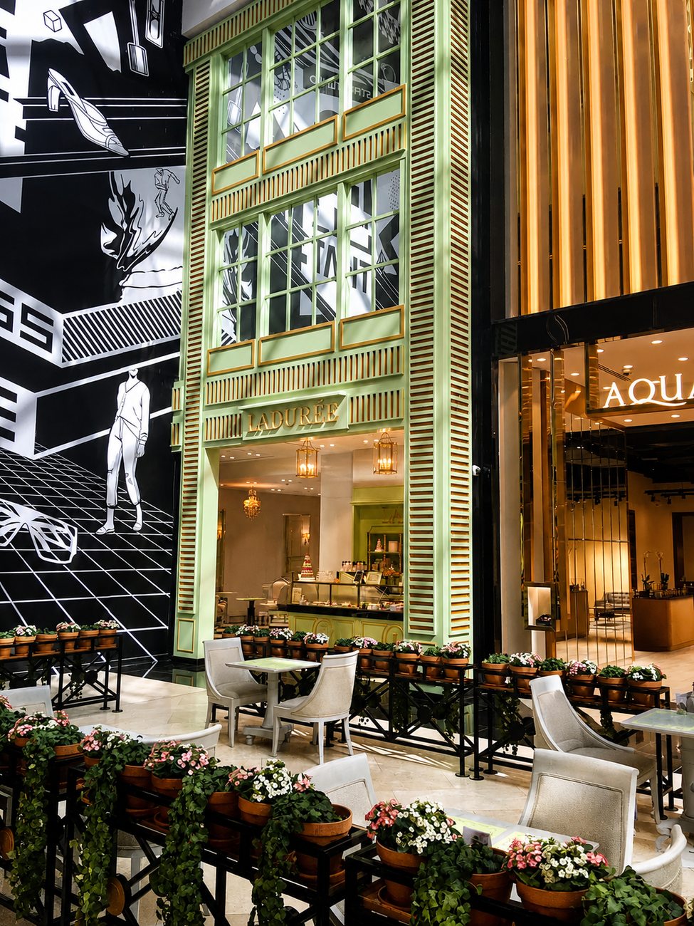 Laduree exterior mall frontage with al fresco seating, Mall of the Emirates