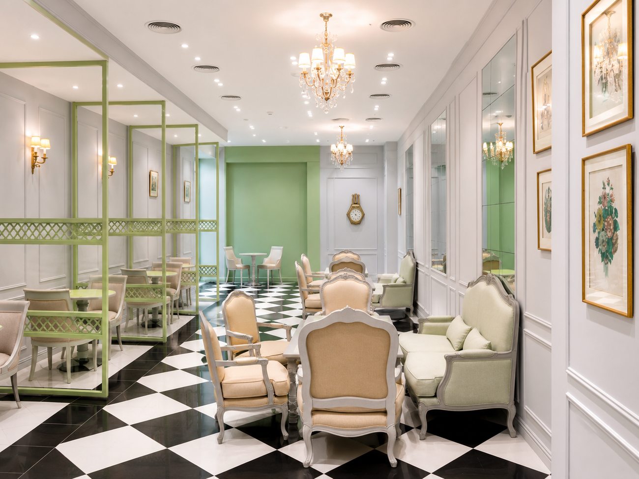 Laduree interior hall, second angle, with framed botanical prints, Mall of the Emirates