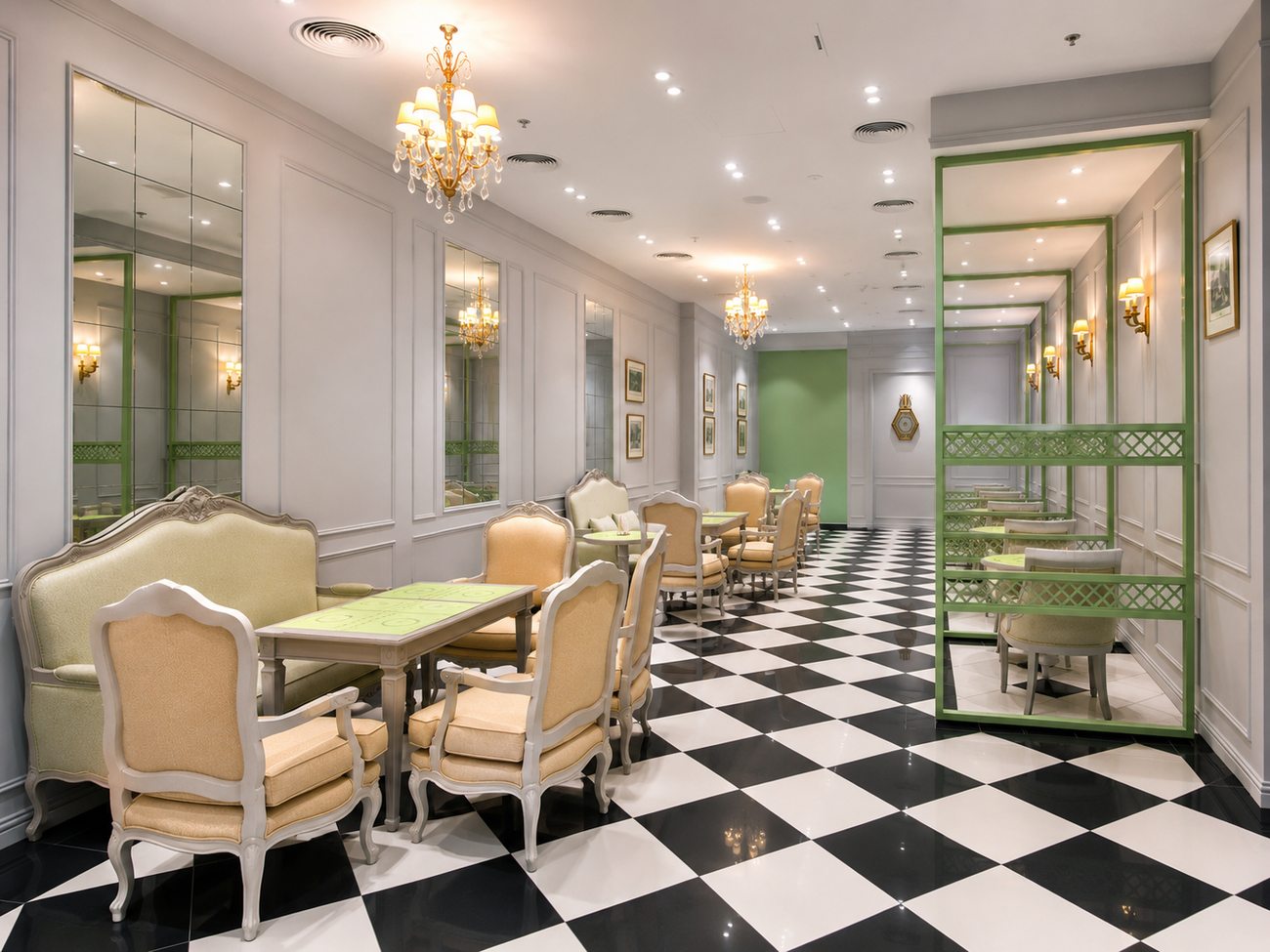 Laduree lounge seating area with checkerboard floor, Mall of the Emirates