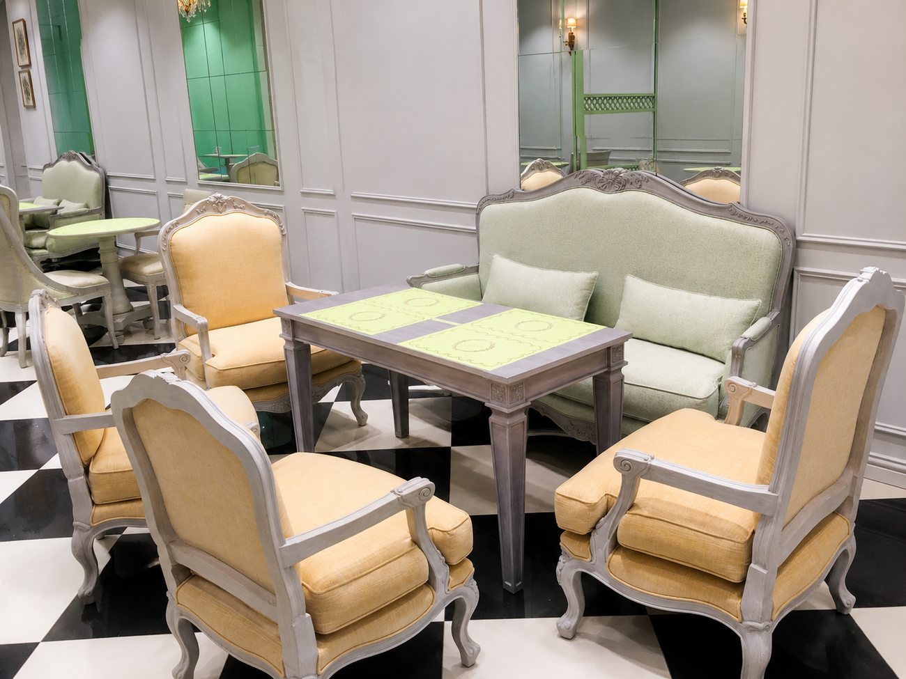 Laduree seating area with banquette and armchairs, Mall of the Emirates