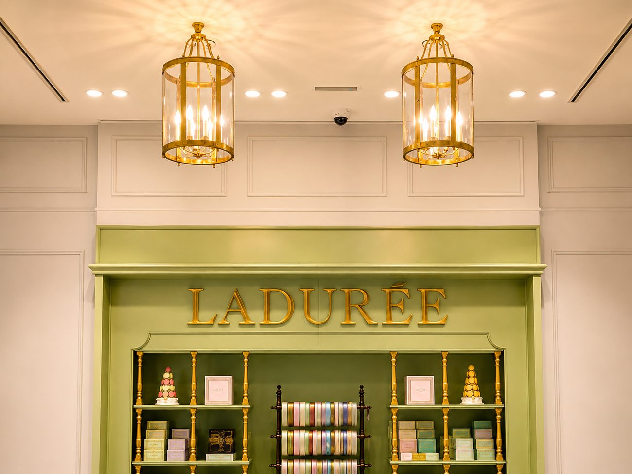 Laduree signage and pendant lighting close-up, Mall of the Emirates