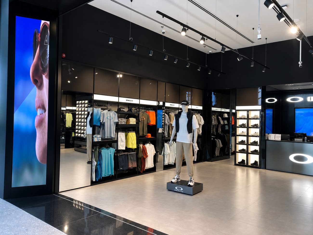 Oakley interior apparel wall with mannequin and service counter, Jeddah, Saudi Arabia