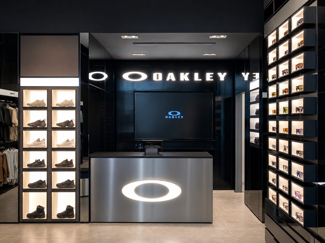 Oakley service counter with shoe display and sunglasses wall, Jeddah, Saudi Arabia