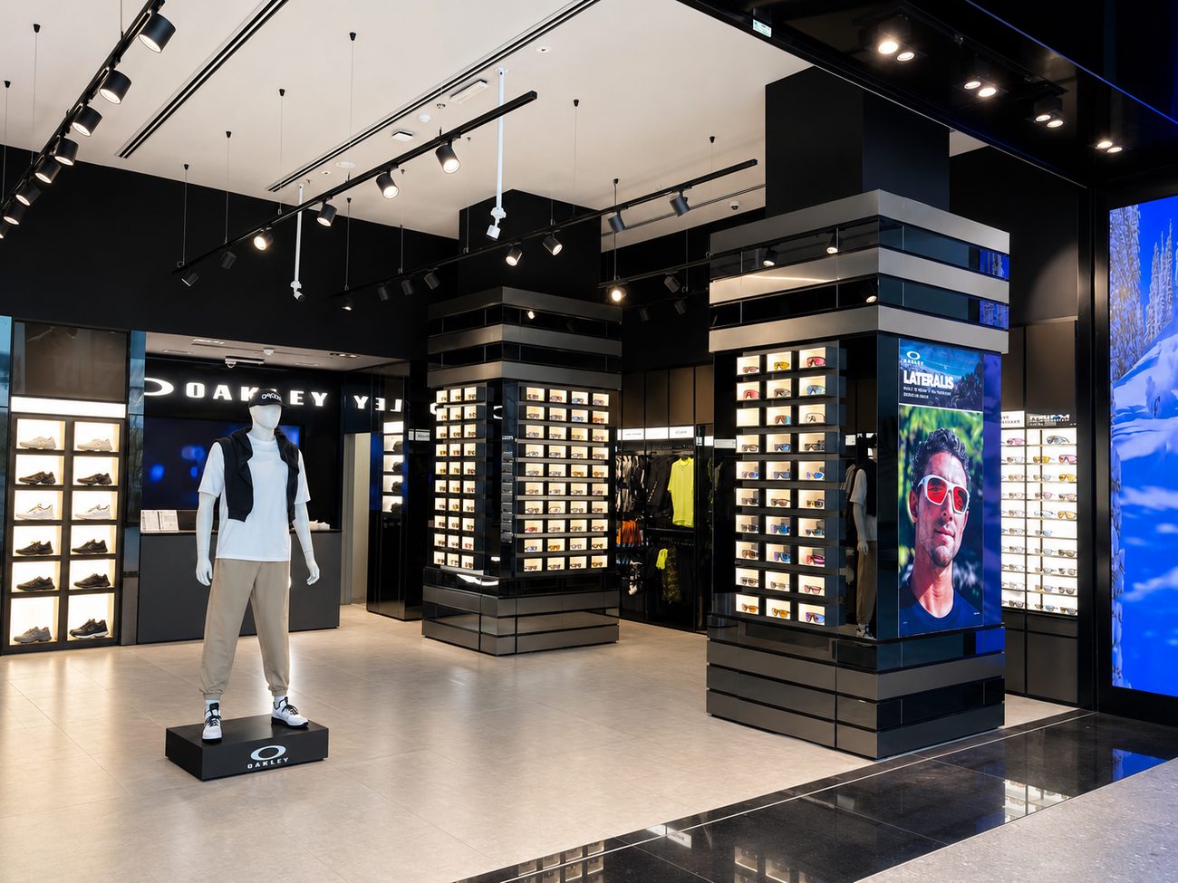 Oakley sunglasses display columns with campaign screen, Jeddah, Saudi Arabia