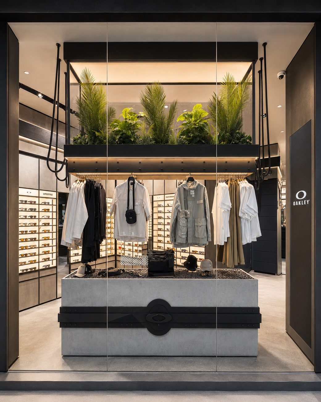 Oakley &mdash; Storefront Window Display, Clothing Rail & Plants, Al Jimi Mall