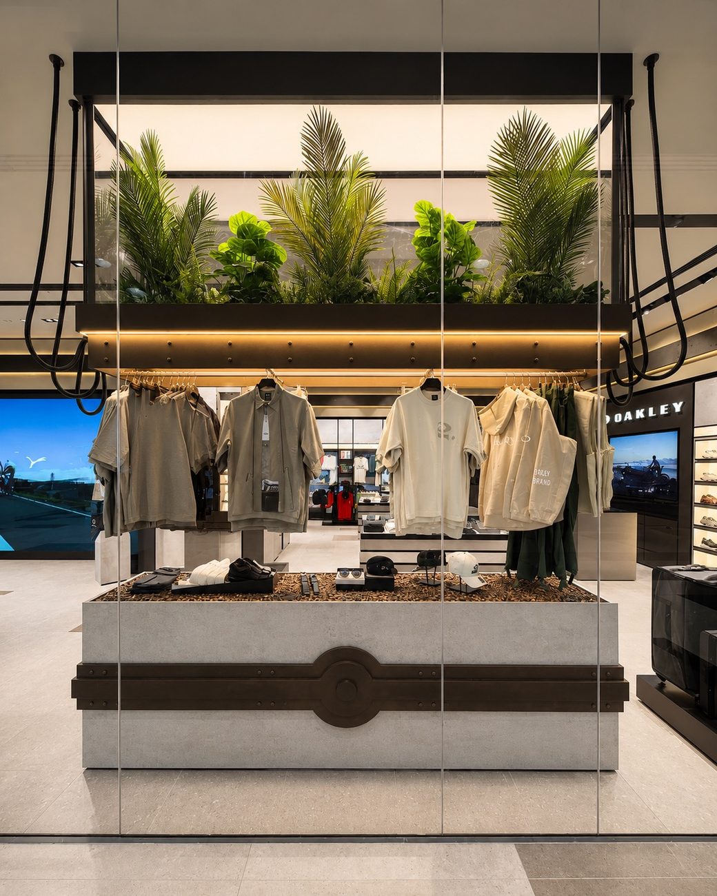 Oakley &mdash; Window Display, Plants & Apparel Rail Close-Up, Al Jimi Mall