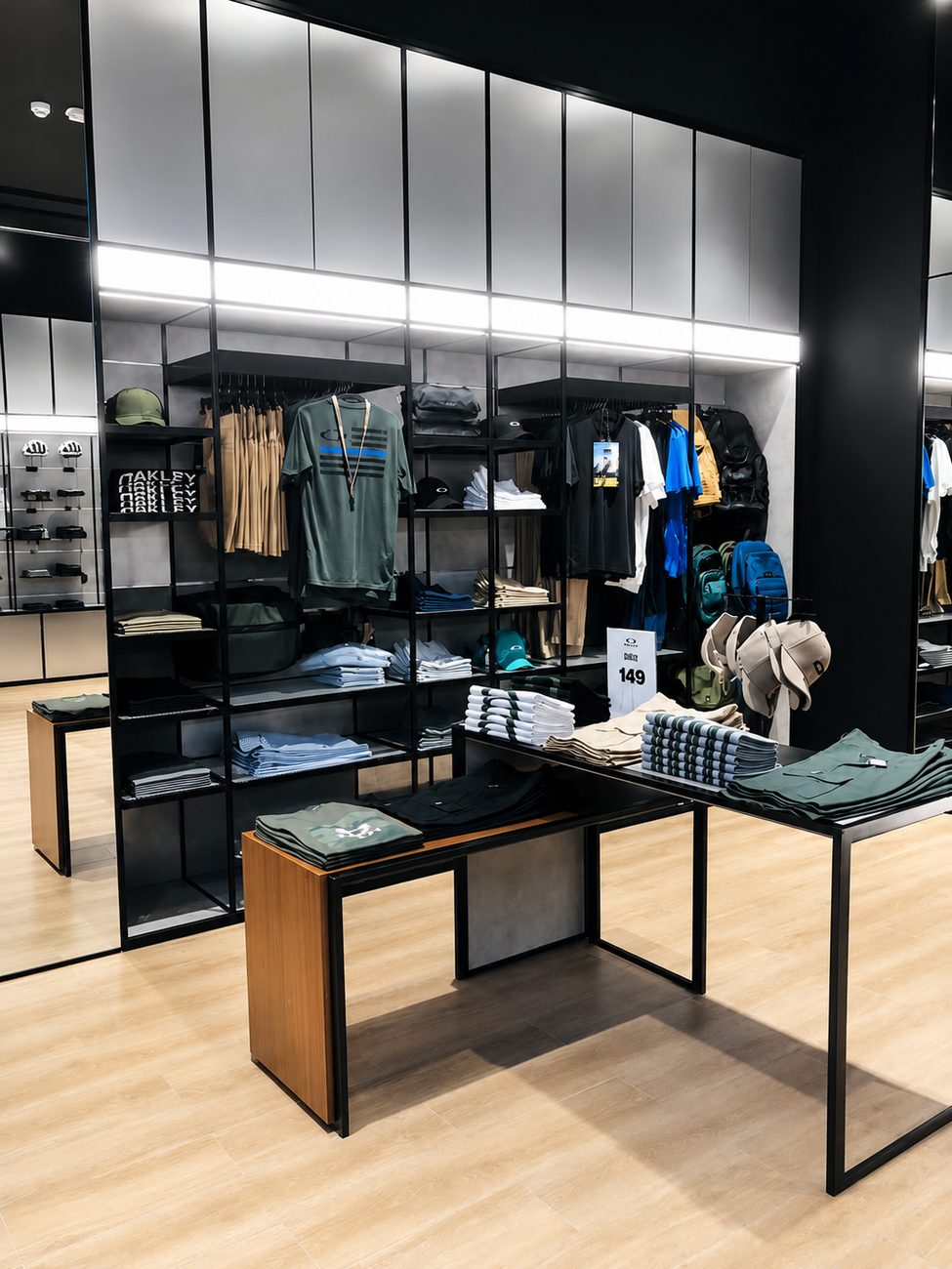 Oakley apparel display wall with folded shirts and caps, Yas Mall, Abu Dhabi