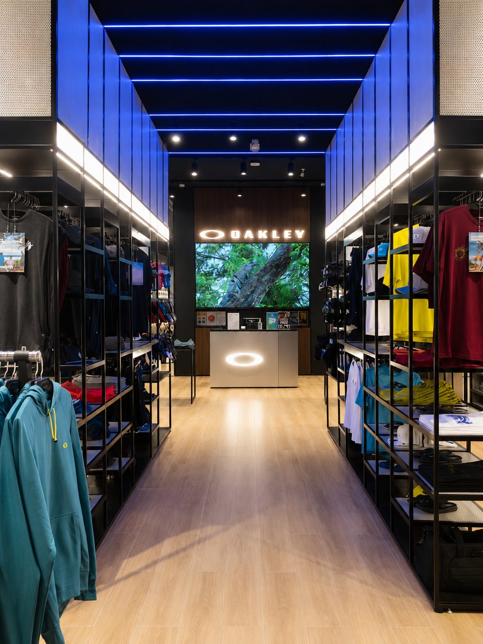 Oakley corridor with blue LED lighting and brand wall, Yas Mall, Abu Dhabi