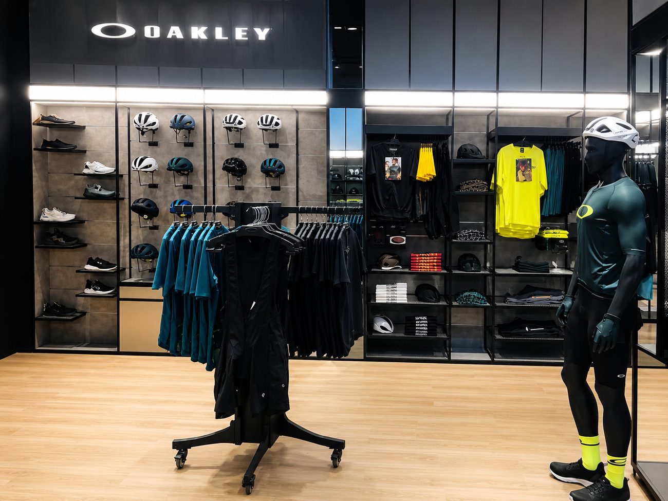 Oakley cycling gear wall with helmets, shoes and mannequin, Yas Mall, Abu Dhabi