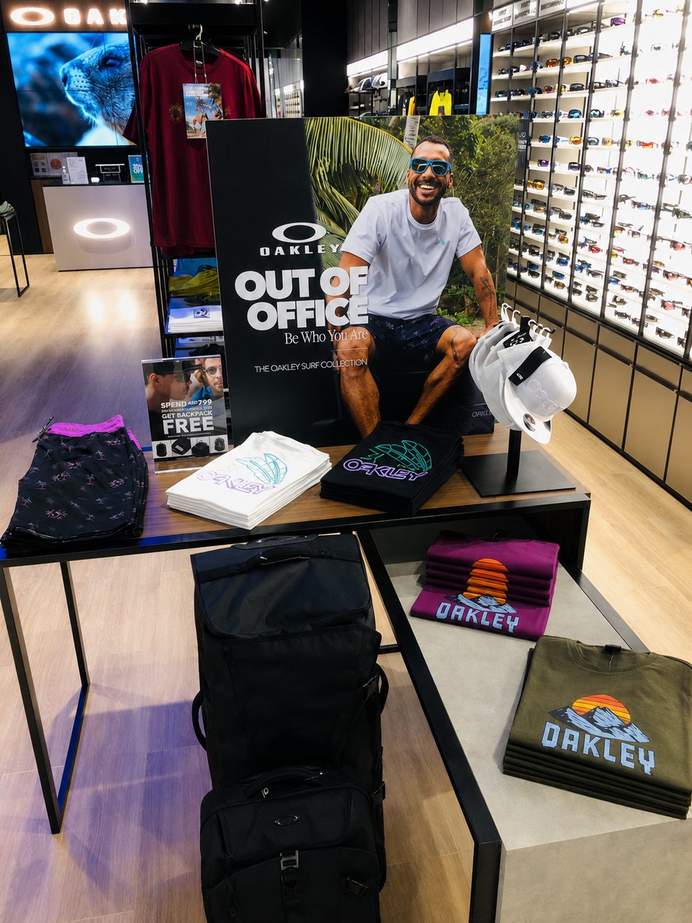 Oakley merchandise display table with Out Of Office campaign, Yas Mall, Abu Dhabi