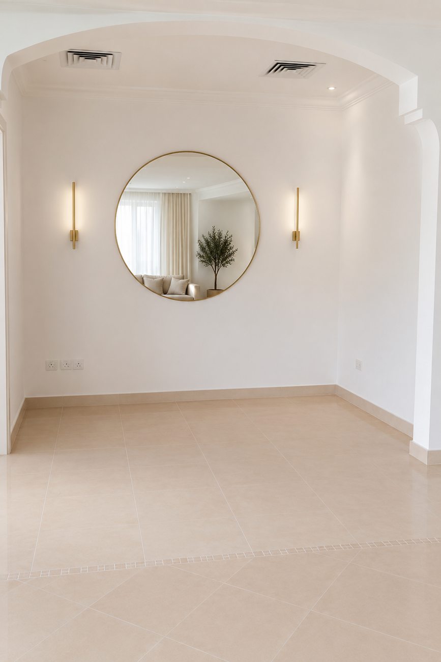 Palm villa foyer hallway with finished paintwork, round mirror and wall sconces by Davies Group UAE