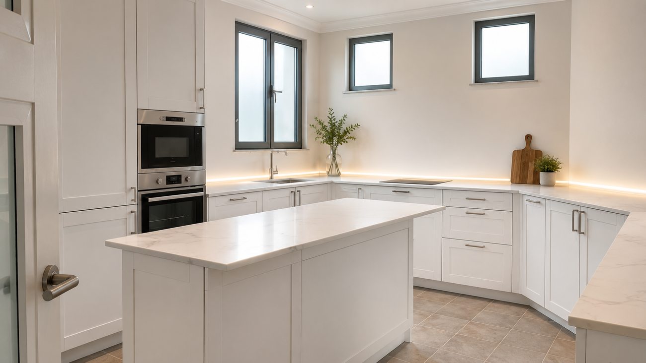 Palm Villa kitchen with island and corner windows, wide view, Palm Jumeirah