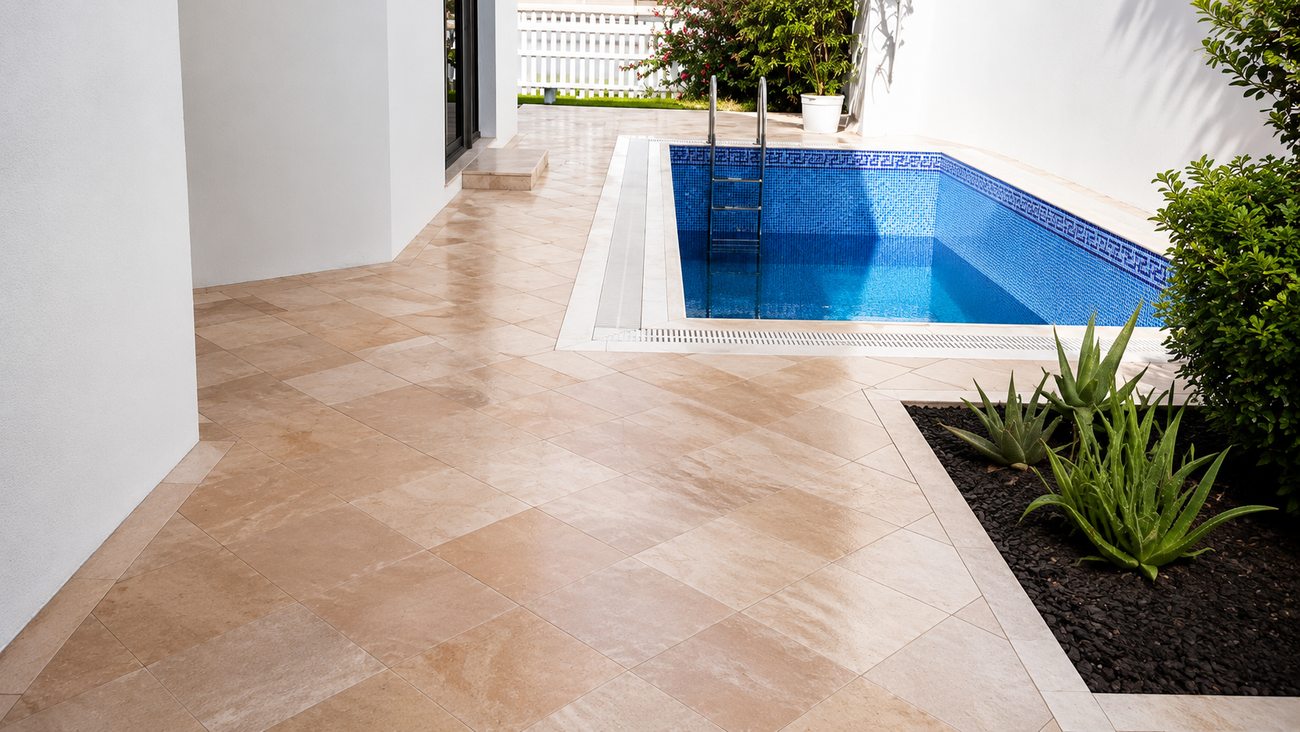 Palm Villa poolside patio with mosaic pool edge and planting, Palm Jumeirah