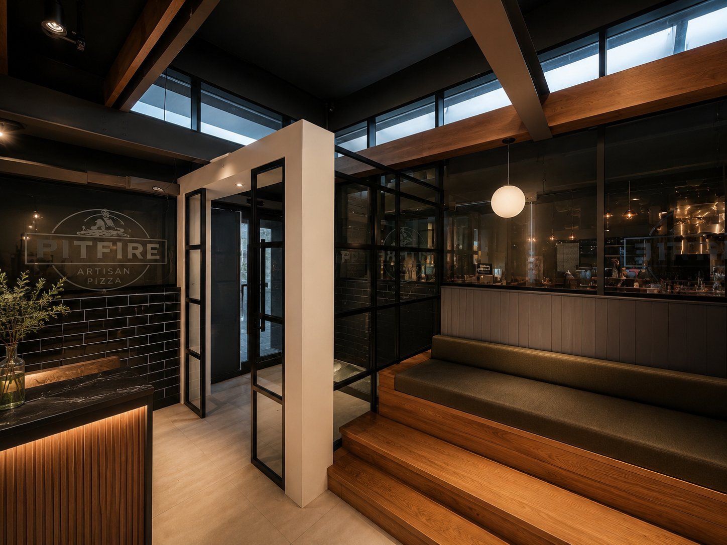 Pitfire Pizza entrance and glass partition