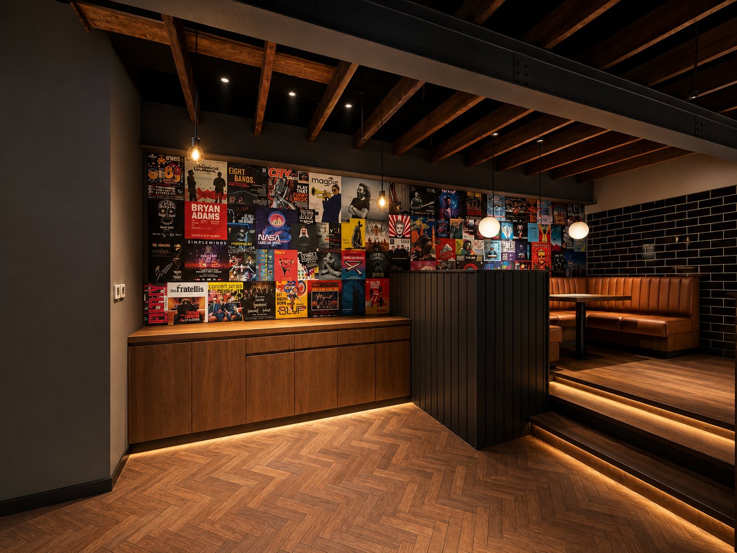 Pitfire Pizza gig poster gallery wall above booth seating