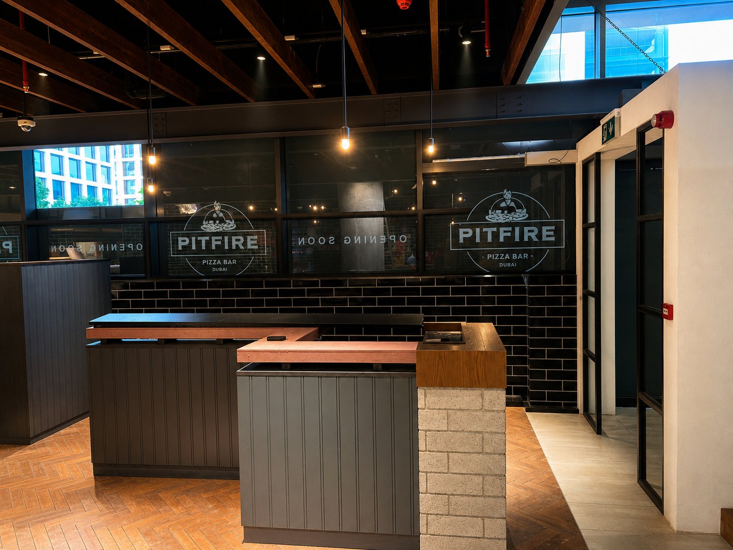 Pitfire Pizza Storefront Window Signage, Dubai Hills