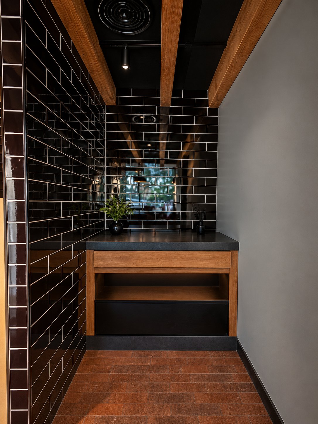 Pitfire Pizza Prep Nook, Black Tile, Wood Counter, JVC, Dubai