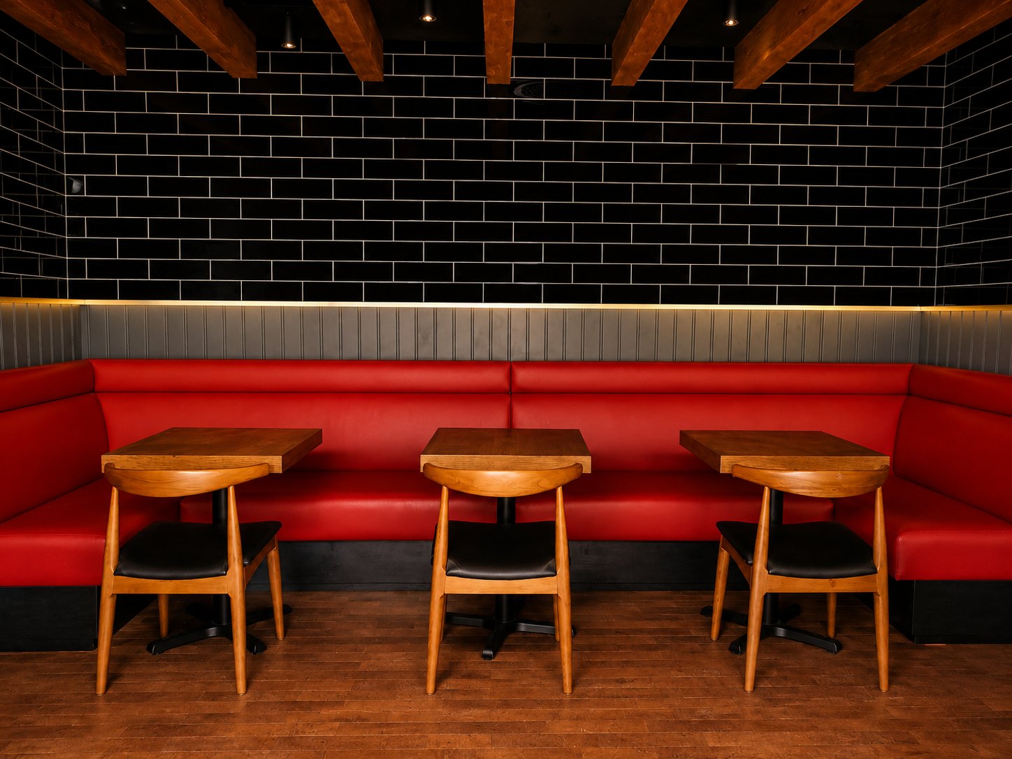 Pitfire Pizza Dining Tables, Red Booth Seating, JVC, Dubai