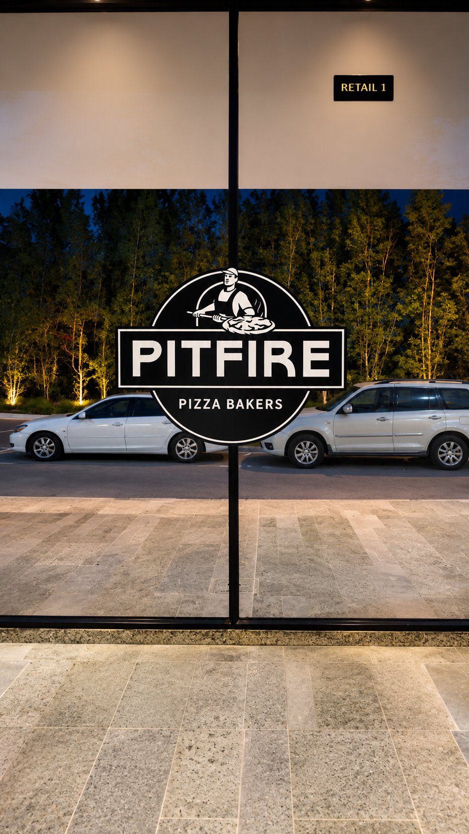 Pitfire Pizza Storefront Window Signage at Night, JVC, Dubai