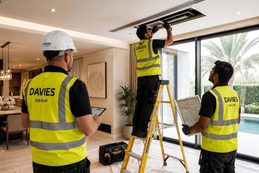 Davies Group technicians servicing air conditioning and ceiling vents at a Dubai villa