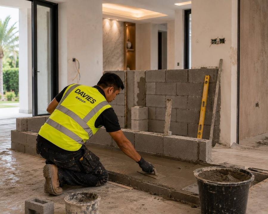 Davies Group team laying blockwork and a concrete floor screed inside a villa renovation